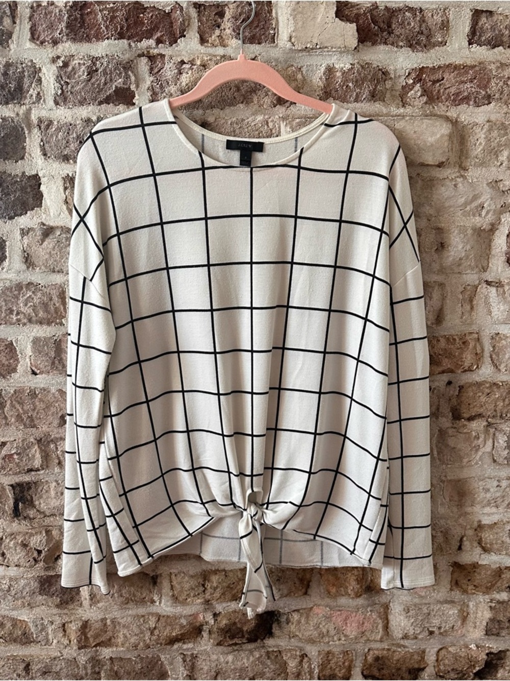 J. Crew Ivory Windowpane Tie-Front Sweatshirt